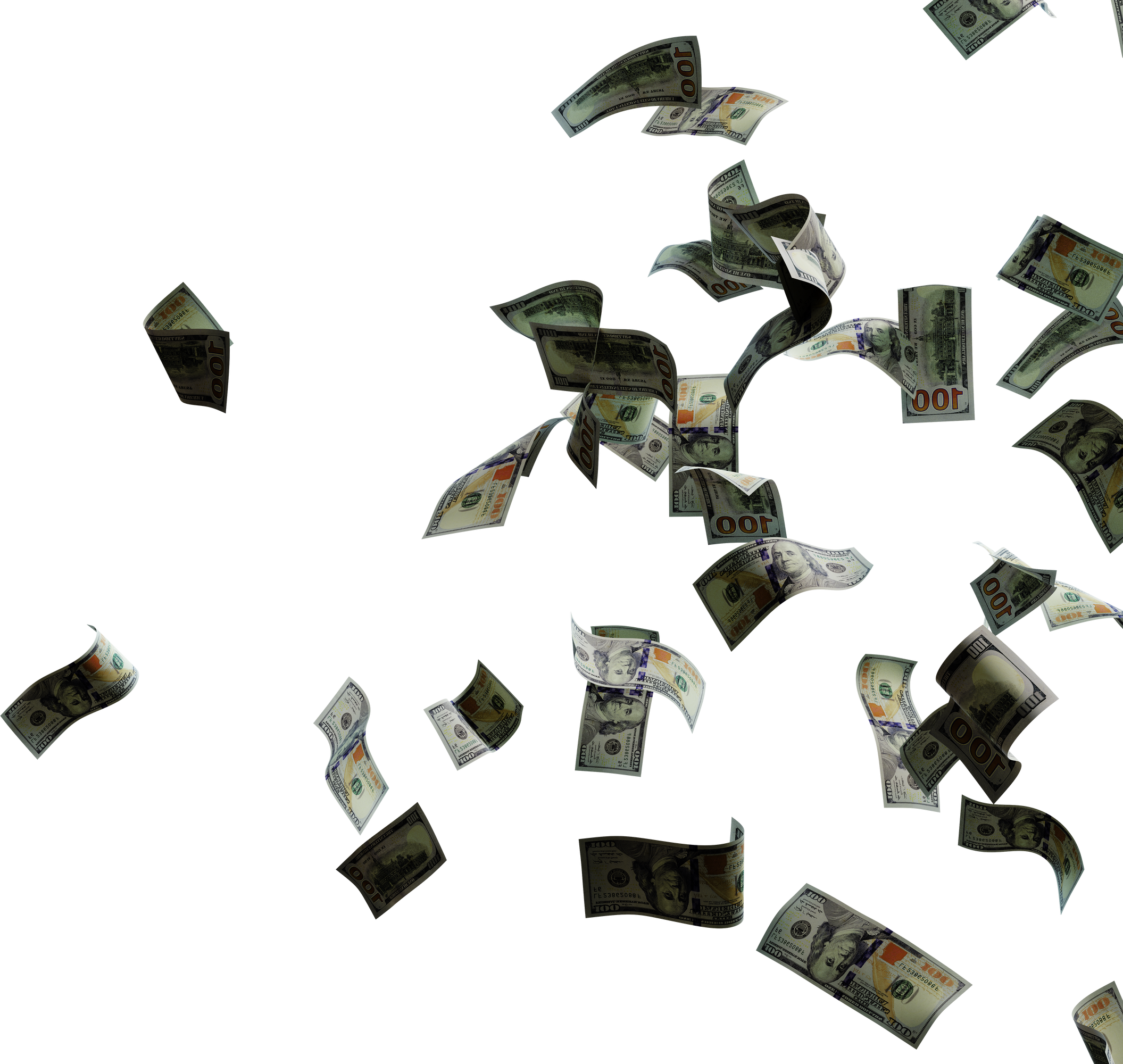 Money rain, dollar banknotes fly. Isolated on transparent background